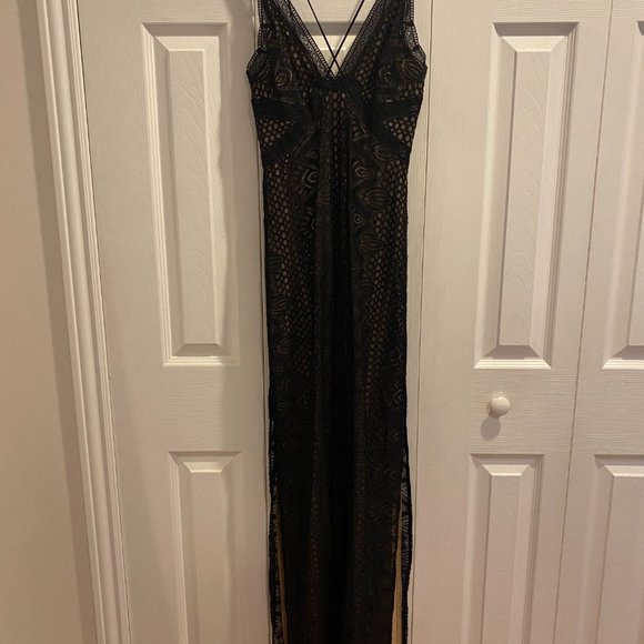 Guess Black Lace Maxi Dress with Nude Underlay - Picture 2 of 6